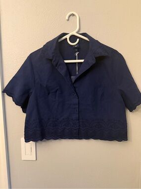Roller Rabbit Navy Cropped Short-Sleeve Button-Down Shirt